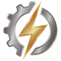 logo com uma engrenagem cinza, um raio dourado dentro